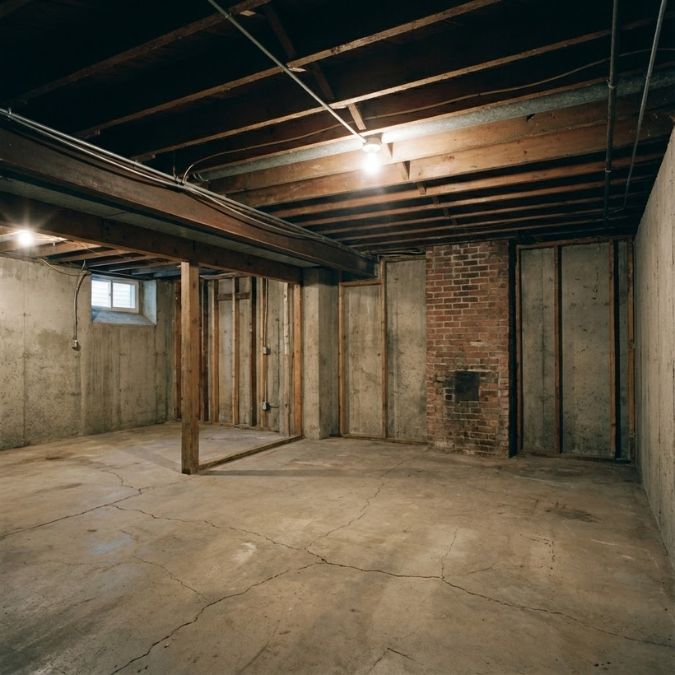 Unfinished basement before renovation in Bristol County