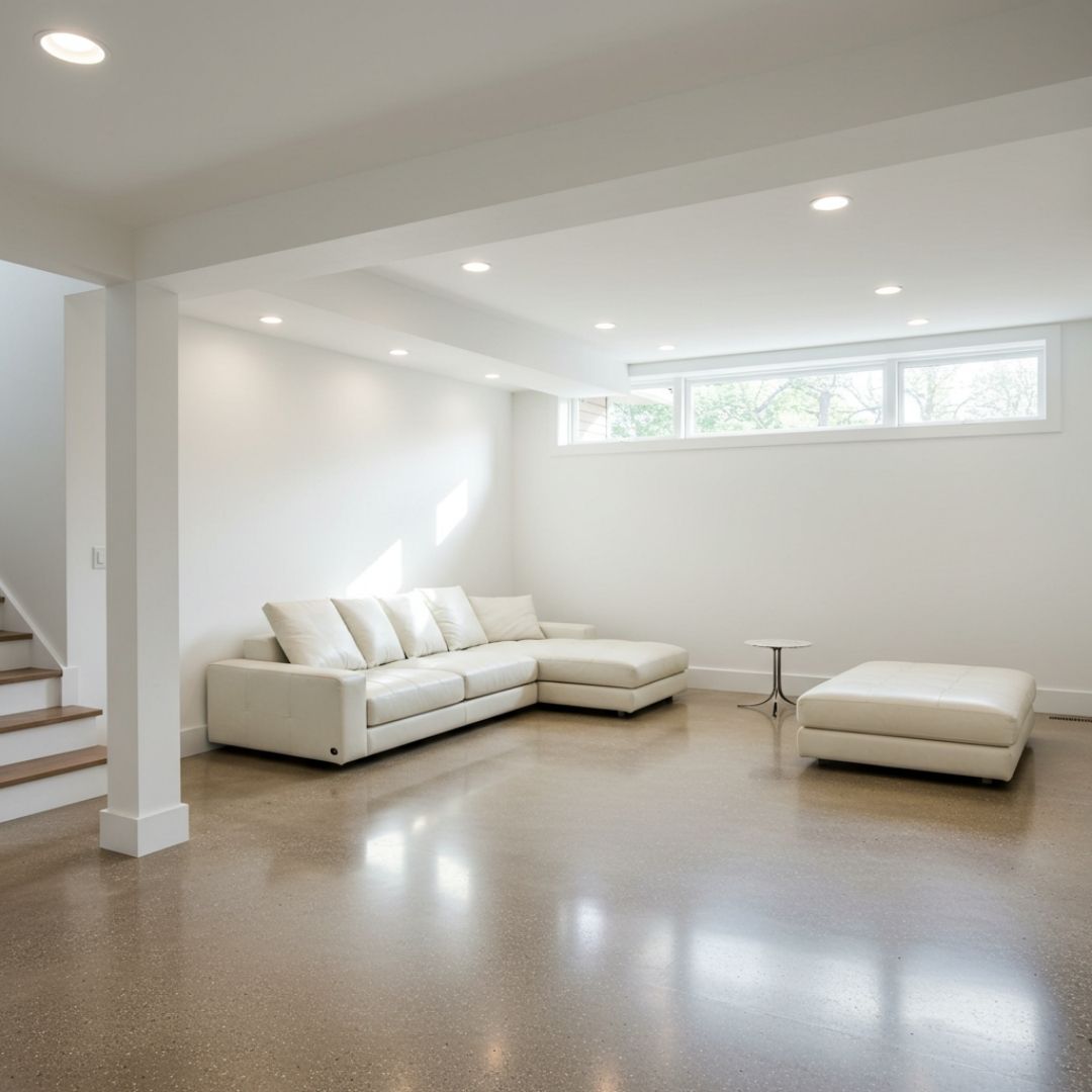 Modern finished basement remodel in Massachusetts with new drywall and lighting